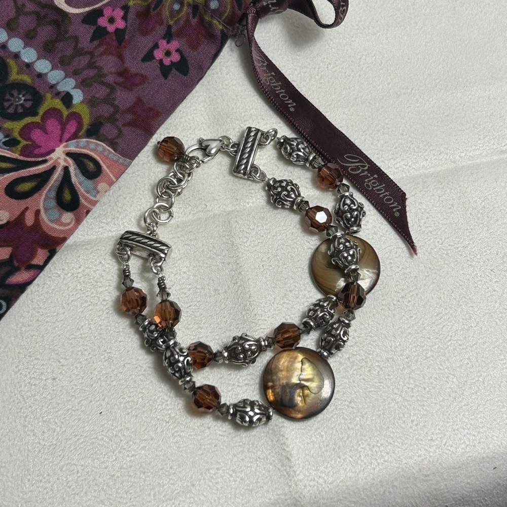 Brighton Utopia Bracelet 8.5" Brown Beaded Double Strand Chain Silver Plated